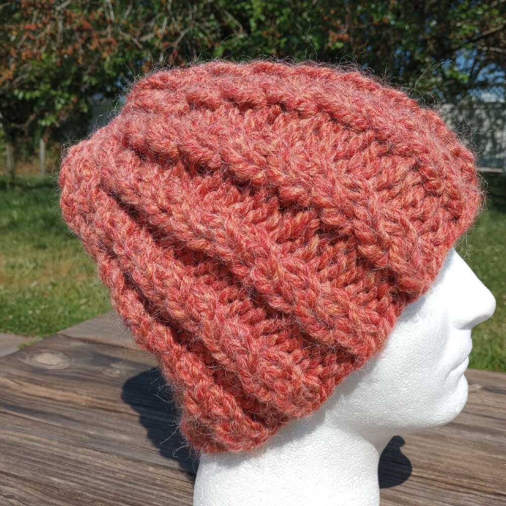 Alpaca Beanie Skully Hat Men Thick Chunky Hand Knit Wool Rib Orange Spice XL - Picture 4 of 9